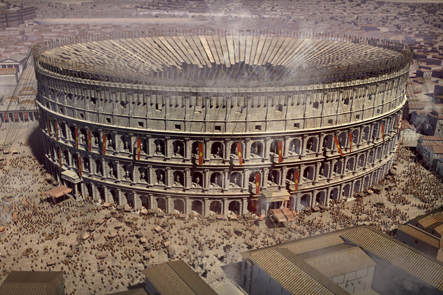 Rzymskie Koloseum ze szczegółami starożytnego Forum Romanum 3D rendering