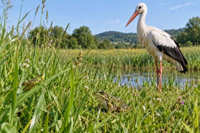 Łańcuch pokarmowy na łące: trawa, konik polny, żaba i bocian