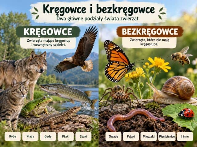 Kręgowce i bezkręgowce w naturalnym środowisku, między innymi ptaki, ryby, płaz, owady i ślimak