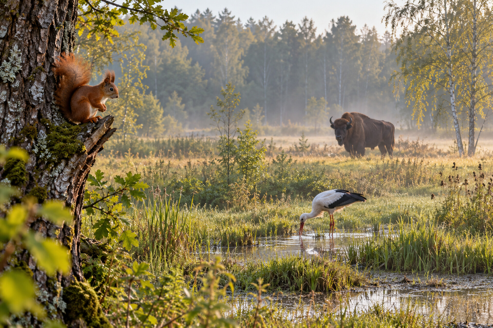 Zwierzęta pod ochroną w Polsce, żubr, bocian biały i wiewiórka w naturalnym środowisku