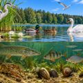 zwierzęta żyjące w jeziorze Zwierzęta żyjące w jeziorze: ryby, płazy, ptaki i bezkręgowce w naturalnym środowisku wodnym.