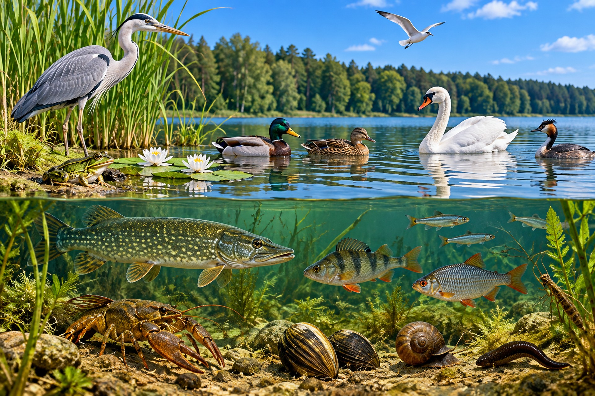 zwierzęta żyjące w jeziorze Zwierzęta żyjące w jeziorze: ryby, płazy, ptaki i bezkręgowce w naturalnym środowisku wodnym.