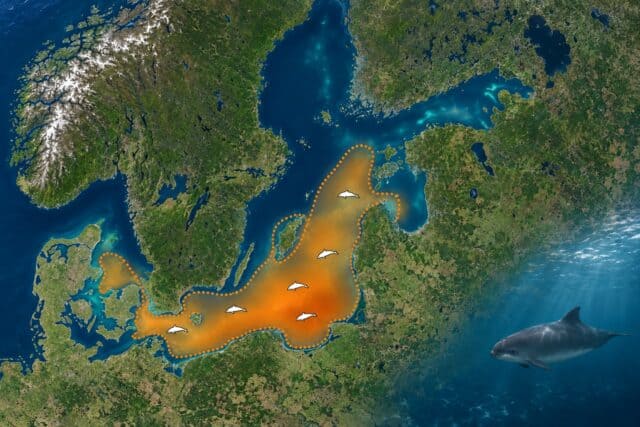 Mapa występowania morświna bałtyckiego z zaznaczonym zasięgiem w Bałtyku
